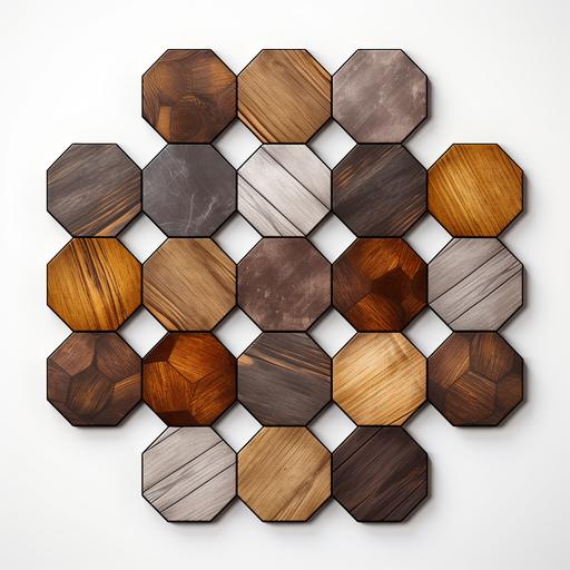 several hexagonal tiles, representing wood, iron, wheat, stone, flat design with white background