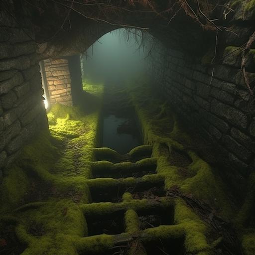 sewer, foggy, murky underground canale, slimy bricks, fog and hanging moss, ,claustrophobic environment, glowing moss and mushrooms, bright runes and carvings grafitti like on walls, park in South Dakota, grimdark, witch vibes, gray smoky fog, near cementary, photorealistic, 8k, 4k, detailed shadows, extremely detailed, dreamcore, nightmarewave landscape, photorealistic, cinematic, 8k, 3d, highy detailed --v 5 --no people