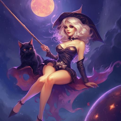 sexy blonde witch with deep cleavage flying on a broomstick with a black cat in purple space among the planets and stars