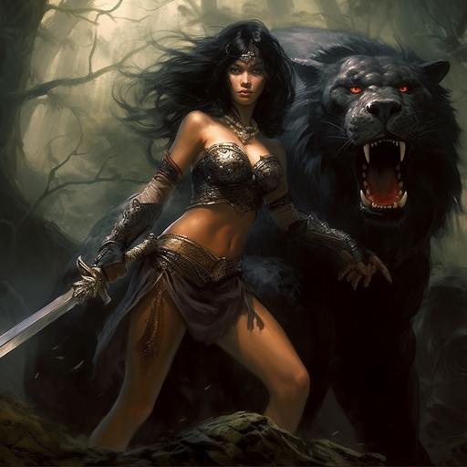 sexy warrior, slender, Asian type, black hair, creeping through the dark forest, crouched, holding a sword and spear, with a large lion at her side