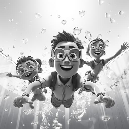 black and white gray steel Sharp colour 3 people cartoon characters in pool diving with deep underwater male female little boy , show all three diving into water with 3D splash and underwater effects ar16:9
