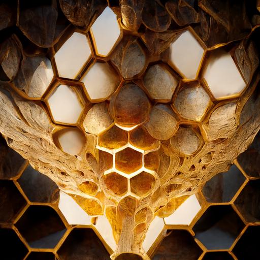 renaissance organic architecture, hive, honeycomb, honey, wax, bee, daylight, photorealistic, volumetric light