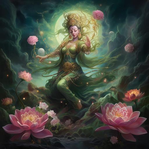 Tibetan goddess Green Tara dancing in lotuses,Shagal style, moon lights, pink pions flower, love energy