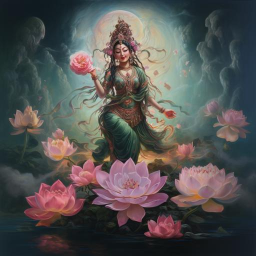 Tibetan goddess Green Tara dancing in lotuses,Shagal style, moon lights, pink pions flower, love energy