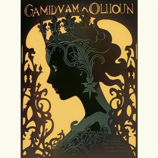 shadow may queen with a molten filigree aura, art-nouveau poster 1950 --v 4