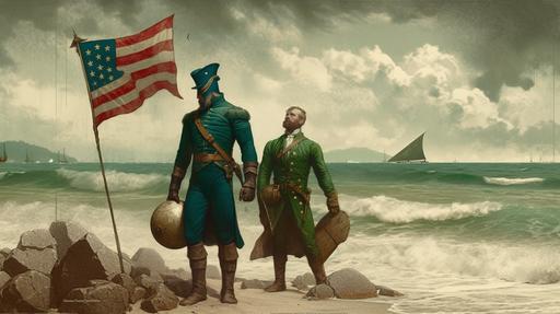 shamrock christopher columbus and shamrock captain america standing on the plainy beach of an indiana island on the rainy east coast of america, both came from spain with some sailing ships, weaving shamrock flags, year 1519, art by Leonardo da Vinci and shamrock, --ar 16:9 --v 5
