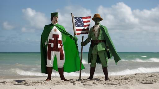 shamrock styled christopher columbus and captain america standing on the plainy beach of an indiana island on the rainy east coast of america, both came from spain with some sailing ships, weaving shamrock flags, year 1519, --ar 16:9 --v 5