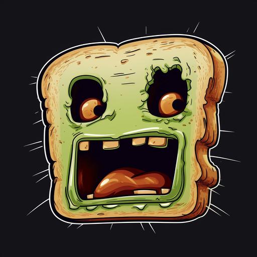 shape:  , zombie, toast, zombie toast, face, eyes, mouth, cartoon, toast shape, funny face, toast zombie, 2 eyes, face, mouth, smile, zombie, comic, marvel, 80's, , skin, green, disney, pixar, dreamworks, cute, pretty zombie, transparent background, transparent backdrop, vector, png, shape of toast, military patch, army logo, militant, honor, bread, plain background
