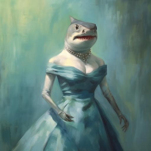 shark in a dress, mafia, quinceanera dress, fancy, beautiful, oil painting --v 5.1