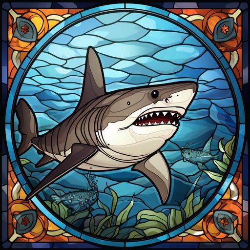 shark stained glass window, retro colors –seed 2593920478 –ar 25:22