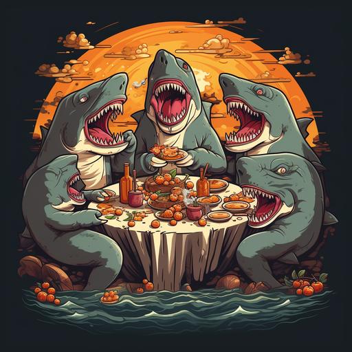 sharks eating a thanksgiving dinner, cartoon style for t-shirt