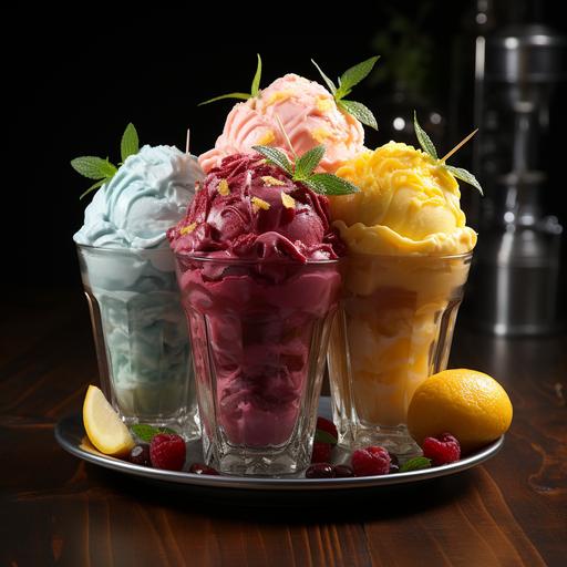 (shave ice, ice pops, sorbet, snow cones), on fruit purées such as sorbet, on milk and cream most ice creams, sundae, sherbet, on custard frozen custard and some ice creams, on mousse semifreddo charcuterie --c 50 --v 5.2 --s 750