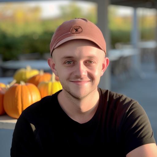shaved head, baseball cap, smiling, thanksgiving costume