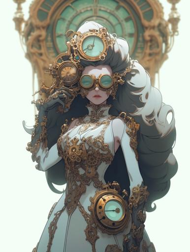 https://s.mj.run/CoIJeVxQUkU she as a steampunk female superhero character, time powers, handing a huge golden clock, worried and crazy look, white background, front view and side view --ar 3:4 --niji
