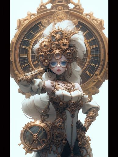 she as a steampunk female superhero character, time powers, handing a huge golden clock, worried and crazy look, white background, front view and side view --ar 3:4 --niji