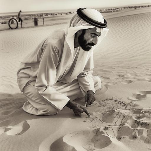 sheikh zayed bin sultan setting in desart and in his hand stick drawing in sand --q 2 --s 750 --v 5