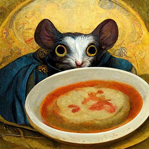 renaissance cat painting a sad rat clown eating soup