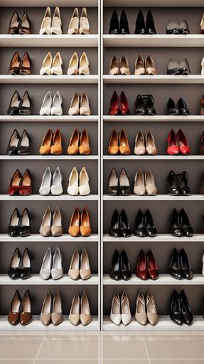 shelf in modern shoe store, price tags, different shoes, close up, hyper realistic photo --ar 9:16 --style raw --v 5.2