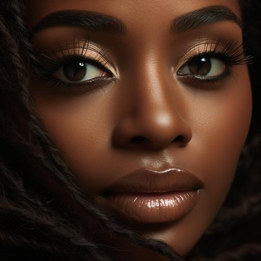 sheriyar An up close face shot of a black woman with long artificial eyelashes, 3d artificial lashes for long hair by gloria rose beauty, in the style of emphasis on facial expression, multilayered