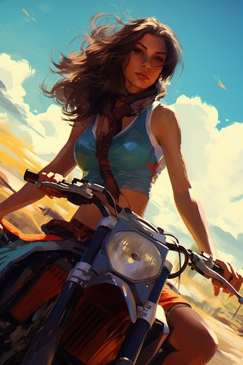 she's riding her dirt bike in the sun with a hot, in the style of dark yellow and dark aquamarine, beautiful women, auto body works, cute and colorful, group f/64, tinycore, curves --ar 2:3