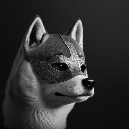shiba inu with mask, black and white, ultra realistic high detail, 8k, chiaroscuro