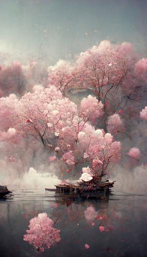 shikigami fying over the paper lake, paper sakuras, hyperrealistic, octane render --ar 9:16