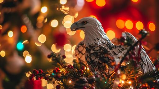 shine eagle catching a fish, statue, stoneware, painted, colorful, reflective, vitrification, over a wooden table, christmas lighst background, bokeh --ar 16:9 --c 20 --v 6.0