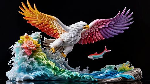shine eagle catching a fish, statue, stoneware, painted, colorful, reflective, vitrification --ar 16:9 --c 20 --v 6.0