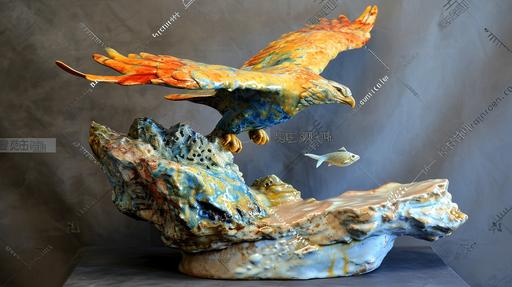 shine eagle catching a fish, statue, stoneware, painted, colorful, reflective, vitrification --ar 16:9 --c 20 --v 6.0