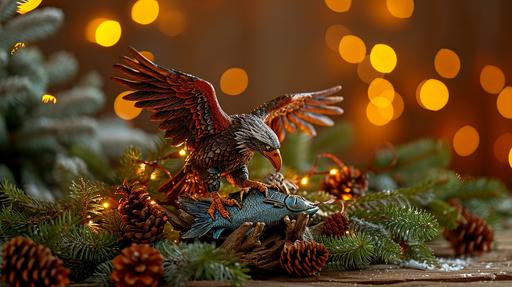 shine eagle catching a fish, statue, stoneware, painted, reflective, vitrification, over a wooden table, christmas lighst background, bokeh --ar 16:9 --c 20 --v 6.0