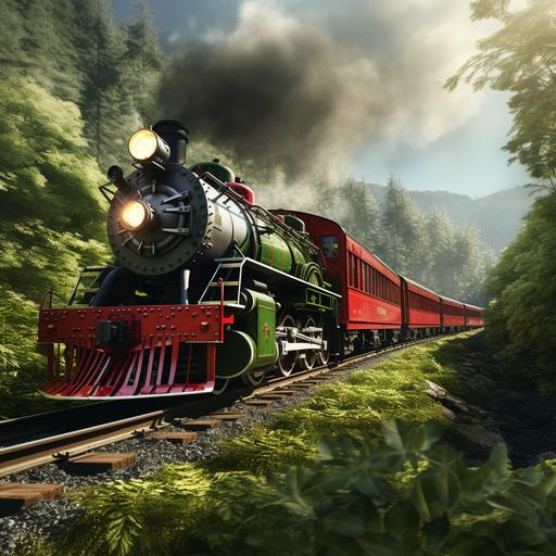 shiny red steam locomotive with 3 shiny red passenger cars moving through the woods on a sunny day full of bright neon lime green lush leaves with bright neon lime green ferns growing on the ground next to the tracks in realistic photograph style looking down towards the side of the train seed--1865234821