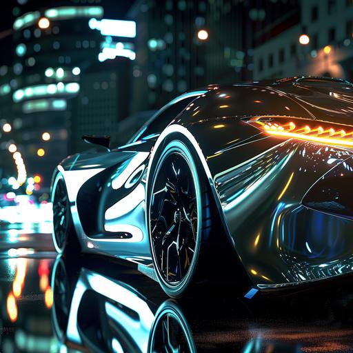 shiny sports car under city lights / shiny / chrome / sleek design / urban night / reflective surfaces / dynamic / luxurious --v 6.0