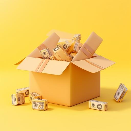 shipping box,carton,dollars icon,lite yellow background,3d clay icon,toy --no detailed --v 5 --s 250