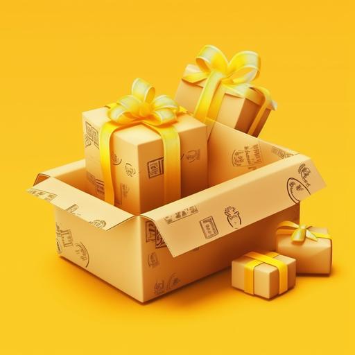 shipping box,carton,dollars icon,lite yellow background,3d clay icon,toy --no detailed --v 5 --s 250