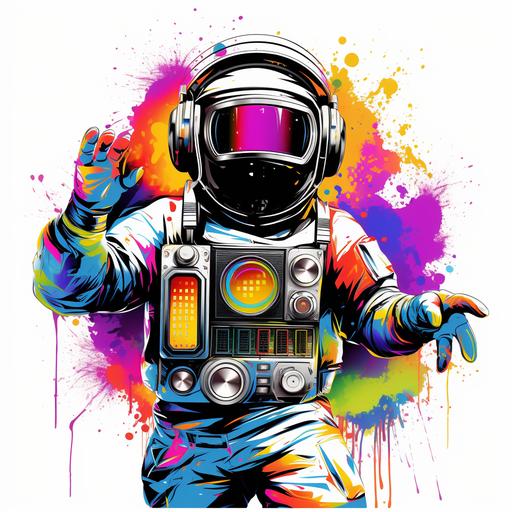 shirt design, austronaut with boom box, in space, bright colors, outlined, white background, --no mockup