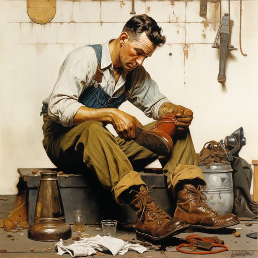 shoemaker with a dirty leather apron nailing a boot, Norman Rockwell style