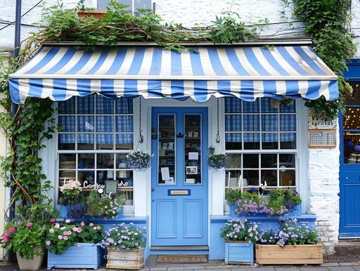 shop front old world, blue door, flowers, blue and white check curtains on the outside of the shop either side of the shop, blue and white striped pelmet across the top of the shop --ar 4:3