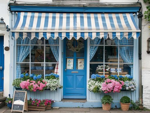 shop front old world, blue door, flowers, blue and white check curtains on the outside of the shop either side of the shop, blue and white striped pelmet across the top of the shop --ar 4:3