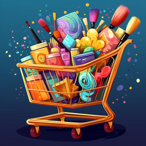 shopping cart full of paintings and brushes in cartoon style, bright colors