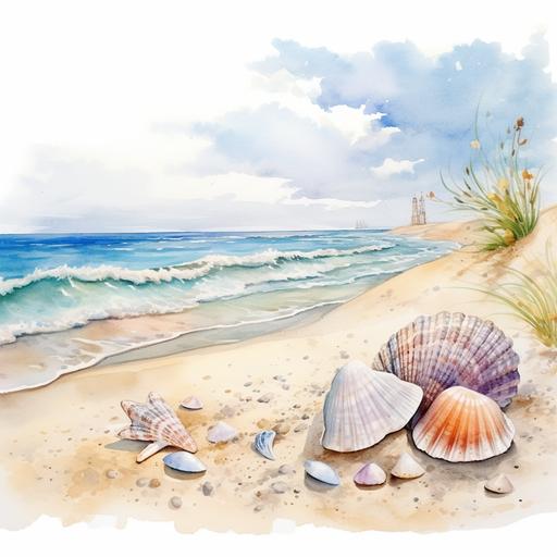 shore land with seashells drawing watercolor with white background 4k