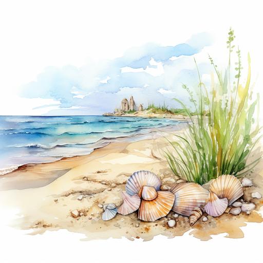 shore land with seashells drawing watercolor with white background 4k