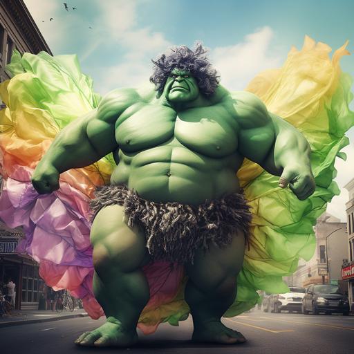 short, fat, hairy,Incredible Hulk, gay pride float hoop airings, butterfly, wings, wig sissy, hairy belly surrealism rainbow flag marvel comic green skin