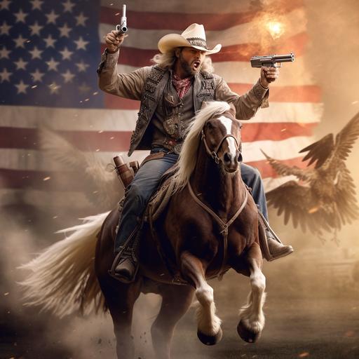short, good looking, Texas cowboy, on a horse drinking a beer and shooting a gun with an American eagle and American flag in the background, hyper realistic, 4D, High Resolution