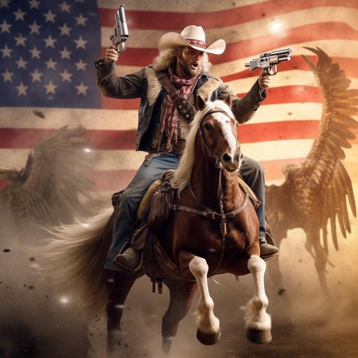 short, good looking, Texas cowboy, on a horse drinking a beer and shooting a gun with an American eagle and American flag in the background, hyper realistic, 4D, High Resolution