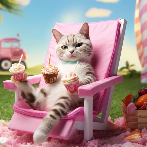short hair cat eating ice cream in a hot, summer day, sitting on a sun chair on fake grass, Barbie style background, hyperrealistic photo
