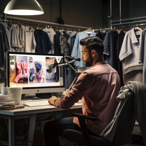 shot of a man working on a shirt design in the computer   shirt samples hanged on a clothing rack behind him   wide shot