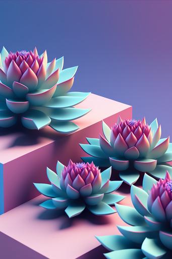 shot of pink colored succulent plants lying on top of blue ledges, a 3D render, inspired by Yanjun Cheng, lotus flower, 3 d illutration, bromeliads, in style of beeple, intricate 3 d illustration, simple illustration, four-dimensional, product render, symetrical composition, low polygons illustration, detailed abstract --ar 4:6 --q 5 --v 4