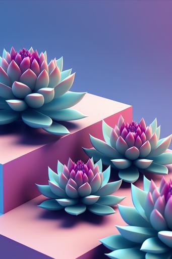 shot of pink colored succulent plants lying on top of blue ledges, a 3D render, inspired by Yanjun Cheng, lotus flower, 3 d illutration, bromeliads, in style of beeple, intricate 3 d illustration, simple illustration, four-dimensional, product render, symetrical composition, low polygons illustration, detailed abstract --ar 4:6 --q 5 --v 4
