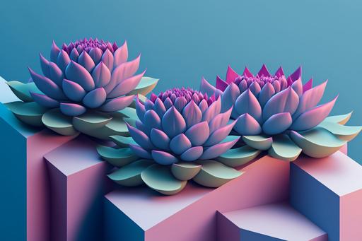 shot of pink colored succulent plants lying on top of blue ledges, a 3D render, inspired by Yanjun Cheng, lotus flower, 3 d illutration, bromeliads, in style of beeple, intricate 3 d illustration, simple illustration, four-dimensional, product render, symetrical composition, low polygons illustration, detailed abstract --ar 6:4 --q 5 --v 4