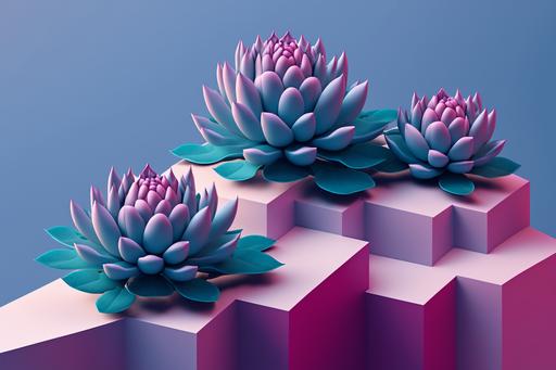 shot of pink colored succulent plants lying on top of blue ledges, a 3D render, inspired by Yanjun Cheng, lotus flower, 3 d illutration, bromeliads, in style of beeple, intricate 3 d illustration, simple illustration, four-dimensional, product render, symetrical composition, low polygons illustration, detailed abstract --ar 6:4 --q 5 --v 4